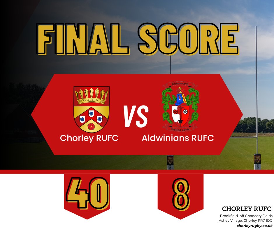 ChorleyRUFC's tweet photo. 🏉 Final score at Brookfields
⚫⚪⚫ Chorley 40 - 8 Aldwinians
Excellent performances across the pitch 💪
Special thanks to our match ball sponsor Westholme School 
 #rugbyfamily #sport #rugbyplayer #rugbyfan #rugbylife #rugbygram #lancashire #rugbyunion #chorley #rugby https://t.co/3F6K9yuXTA