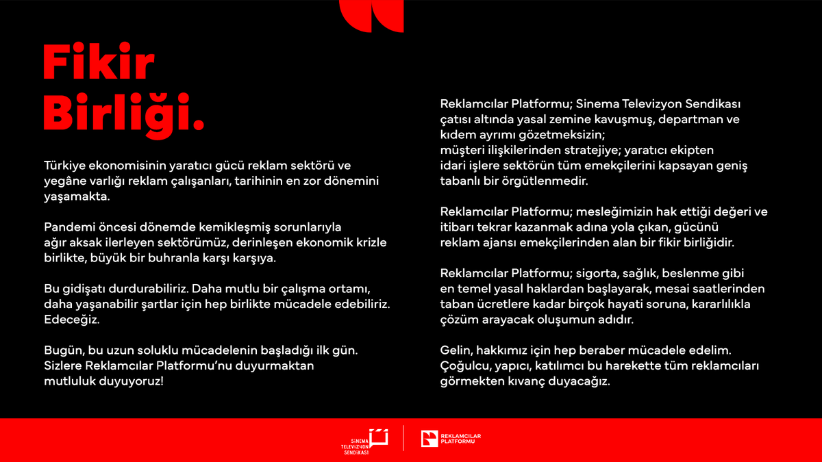 Reklamcılar Platformu; mesleğimizin hak ettiği değeri ve itibarı tekrar kazanması için yola çıkan bir fikir birliğidir. 

Gelin, haklarımız için hep birlikte mücadele edelim. Tüm reklam sektörü emekçilerini aramızda görmekten kıvanç duyarız! #FikirBirliği