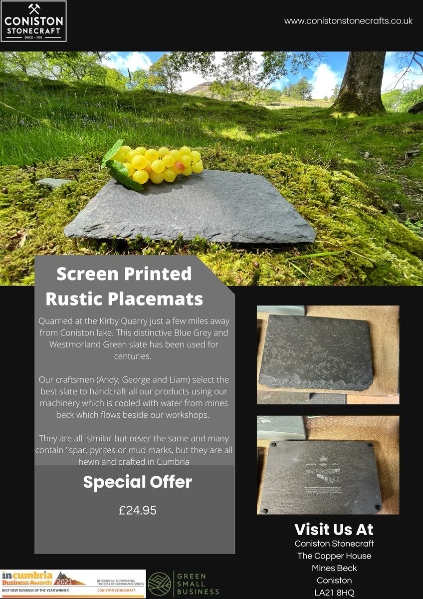 Our Brand New Screen Printed Placemats now available for sale on our website and in our shed shop. Handcrafted By Liam and Laura. 
#cumbrianslate #shoplocal #lakedistrict #coniston #stonecraft 
buff.ly/3D3AjWD