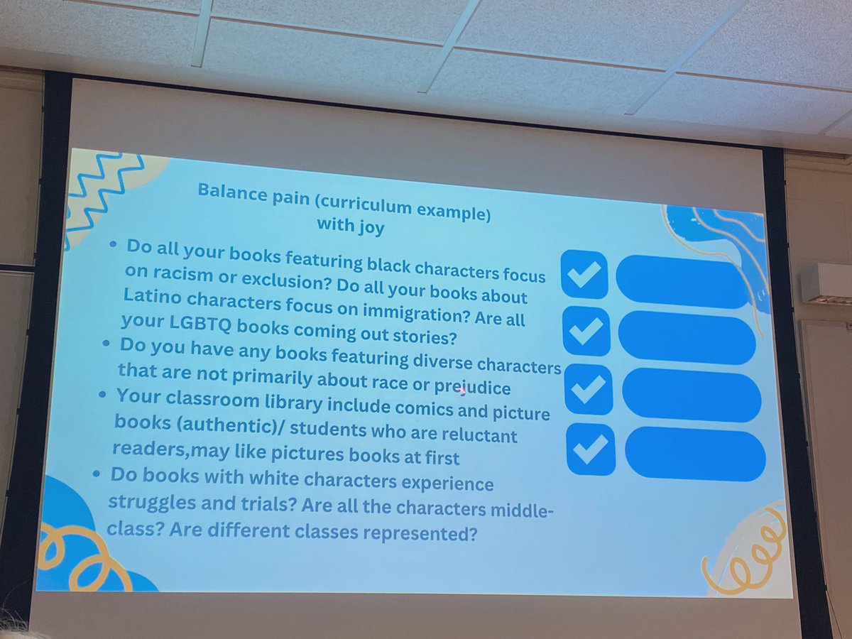 THIS!!! “Make sure your library 📚 and its stories have a balance of JOY and pain for ALL your different students!!” ~ <a href="/klasekastellano/">A. C. Quintero</a> #dei #cimw22
