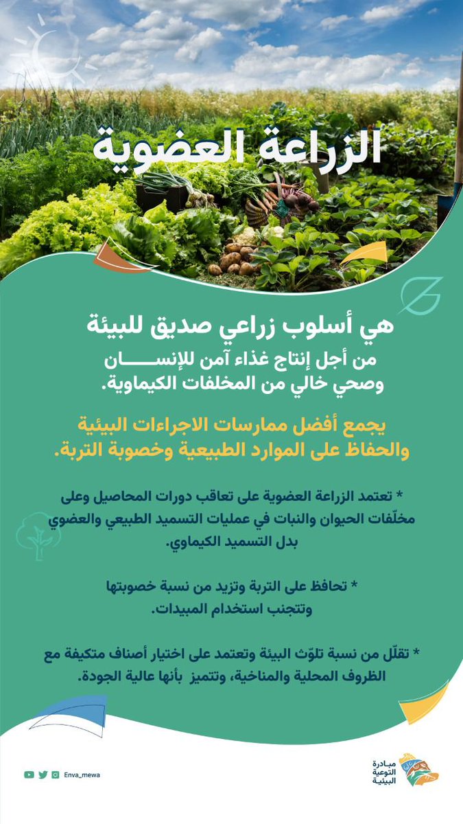 لاعتمادها على الطرق والمواد الطبيعية تعدّ الزراعة العضوية أفضل طرق الزراعة التي تساعد في حماية واستدامة موارد بيئتنا
#مبادرة_التوعية_البيئية