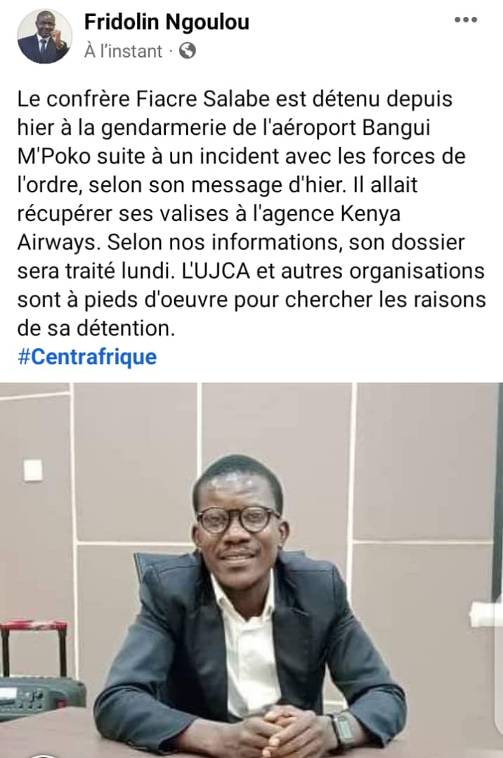 YogIabnj's tweet photo. #Rca🇨🇫| De source autorisée, depuis le 11/11, 1 journaliste en détention à la gendarmerie de l'aéroport Bangui M'Poko à la suite d'une altercation avec un Fsi. Les organisations locales de défense de droits des journalistes n'ont pu obtenir sa libération jusqu'à lors. #RcaDebout https://t.co/TRtRhwSMa9