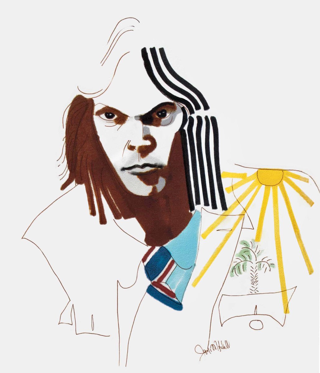 Happy birthday to <a href="/NeilYoung/">Neil Young</a>, born OTD in 1945. My favorite quote about him was from Buffalo Springfield drummer Dewey Martin, who said Neil would shoot him a look onstage that said, "I may DIE during this solo - and I'm gonna take you with me!"
[portrait by <a href="/jonimitchell/">Joni Mitchell</a>]
