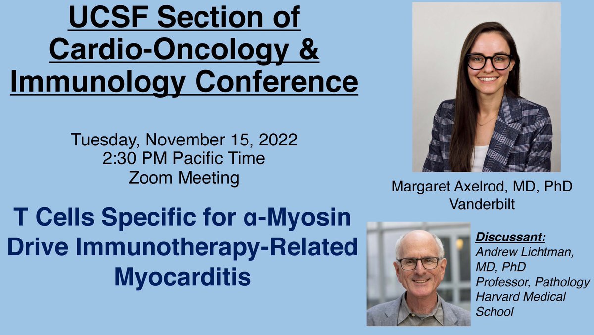 Excited to have @MargaretAxelrod present at <a href="/UCSF/">UC San Francisco</a> #CardioOnc conference this week. #AndyLichtman discussant! <a href="/UCSFCardiology/">UCSF Cardiology</a> <a href="/BalkoLab/">BalkoResearchLab</a> <a href="/baik_alan/">Alan Baik</a> <a href="/JuanQinMed/">Juan Qin, PhD</a> <a href="/JeffRathmell/">Jeff Rathmell</a> <a href="/KimrynRathmell/">Kimryn Rathmell</a> <a href="/lylybellz/">lylybell</a> @EimanJahangir @WoltersRachael <a href="/WCFWMeijers/">Wouter Meijers</a> <a href="/MandarArasMD/">Mandar Aras, MD, PhD</a> <a href="/AmirZMunir/">Amir Munir</a> <a href="/drycm2d/">Yen-Chou (YC) Chen</a>