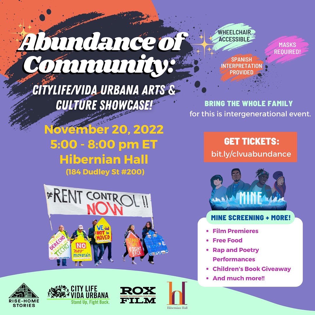 CityLife_Clvu's tweet photo. (español abajo) 🎉 Let’s celebrate joy in movement work at the Abundance of Community: #CLVU Showcase!🧡💚 There will be a MINE film screening🎬, original art 🖼️ , a rap on #RentControlMA 🎤, community conversation, and free Alejandria Fights Back books📚 https://t.co/ChudxXKnPO