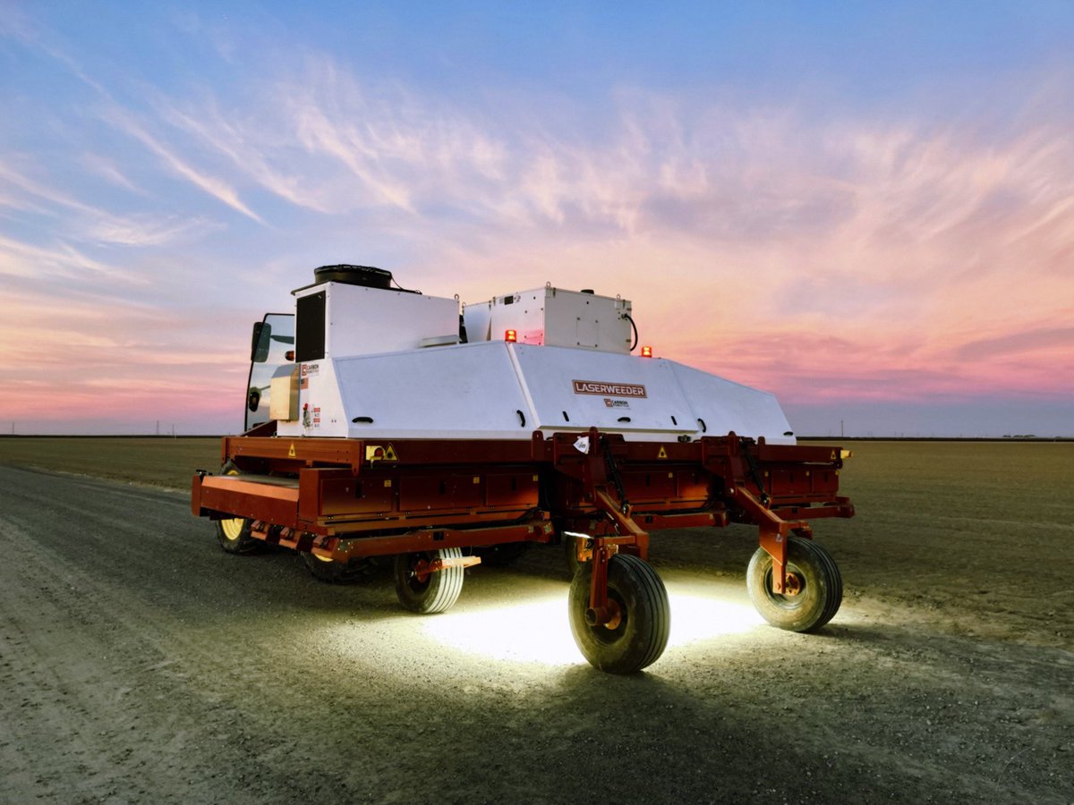 Carbon Robotics laser weeder working in our organic garlic field on Terranova Ranch as the sun sets in Helm, CA. A new chapter in sustainable farming.