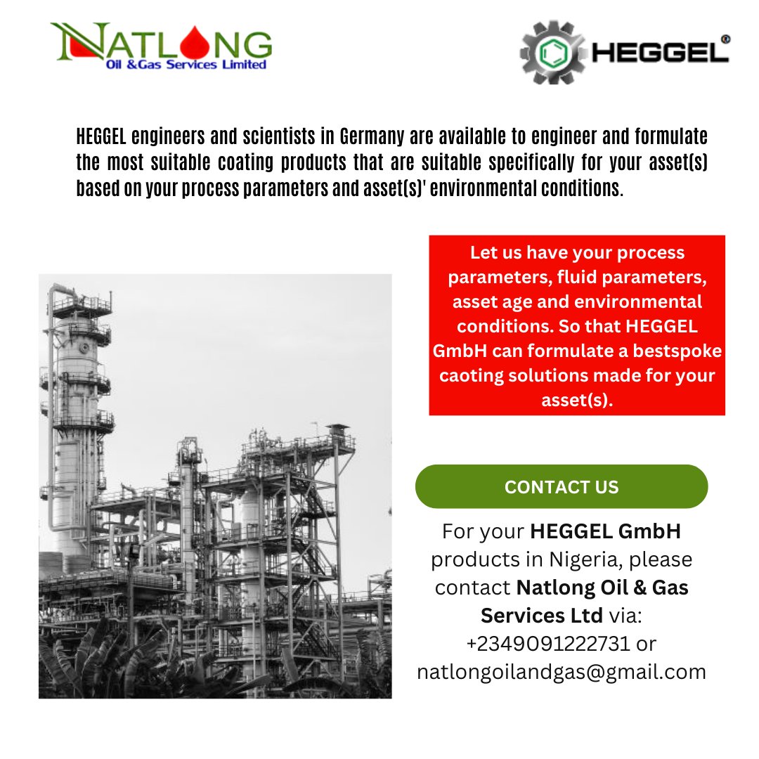 Made in Garmany Coatings, sold in Nigeria by NATLONG OIL & GAS.
#coating #YouBuildWeProtect, #oilandgas, #pipeline #offshore #offshoreplatforms #SPDC #Nigeria #corrosion #corrosioncontrol #lng #gas