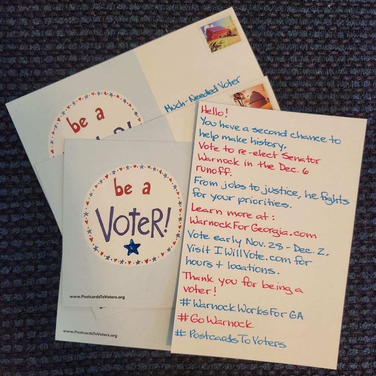 5 friendly postcards headed to Georgia for the Senate runoff. Write with us! Text JOIN to 484-275-2229. #PostcardsToVoters #WarnockWorksForGA #GoWarnock 🗳️🍑