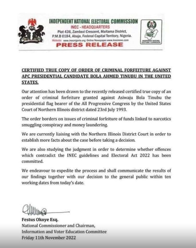 DavidHundeyin's tweet photo. Looks like this document could be a (well done) fake.

The positioning and colour of the "PRESS RELEASE" text compared to that in the most recent INEC press release are what gives it away.

Hold your horses guys. Just APC shenanigans. https://t.co/fLr0w6X63G