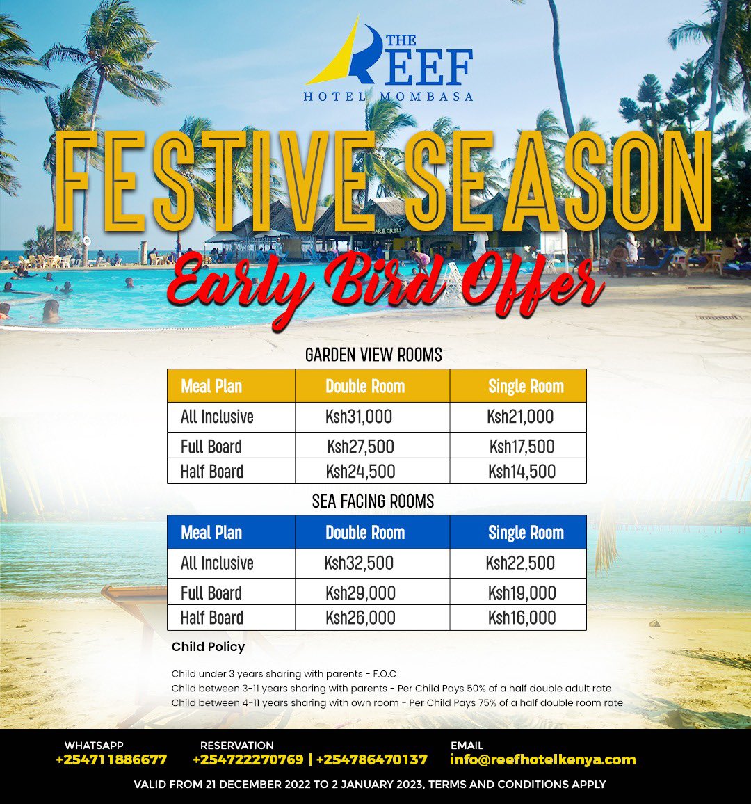 Are You Ready To Experience Christmas With Us?
Limited Accomodation Offers Starting From As Low As Kes. 13,000 Per Person Sharing |Swim, Drink, Sunbathe, Repeat| 

📞 +254722205918 | +254722270769 | +254786470137
📧: info@reefhotelkenya.com