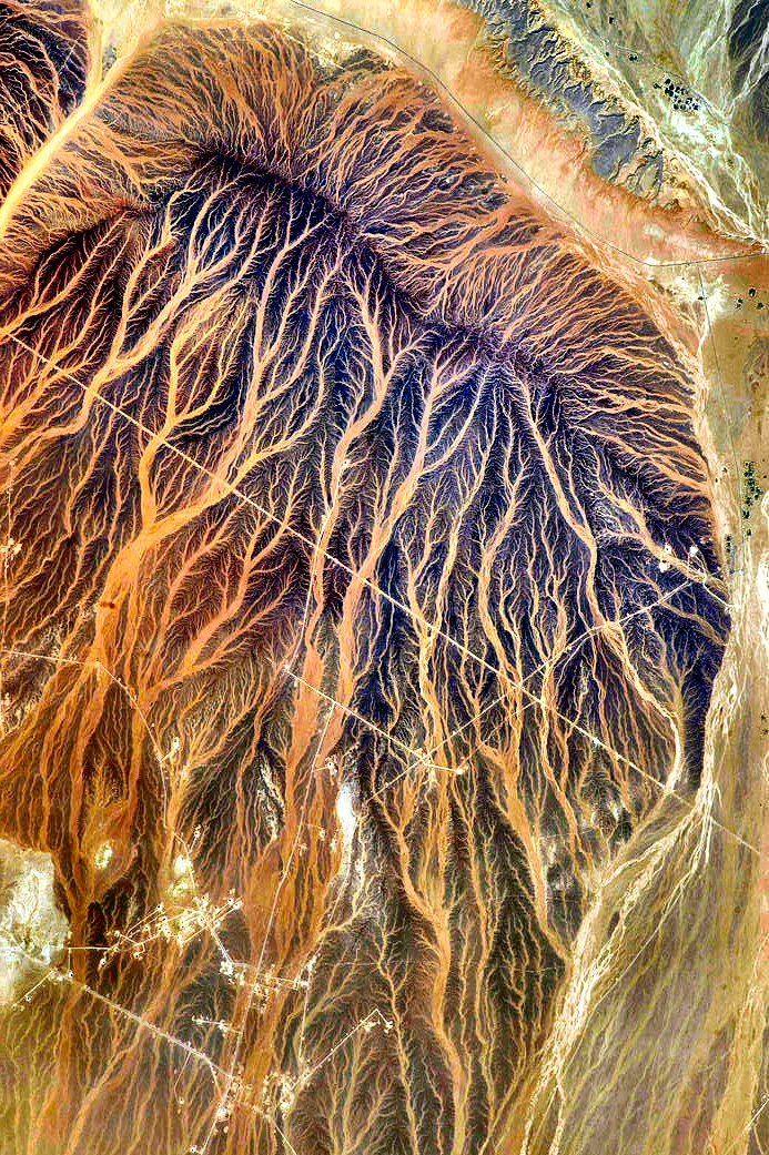 pickover's tweet image. Mathematics and mystery.  The physics and geology of flow.

Fractals Around Us — Tracks left by water in desert near Hamra Al Drooa, Oman; photo from International Space Station.  NASA Source: go.nasa.gov/3O3Aqrv [math, maths]