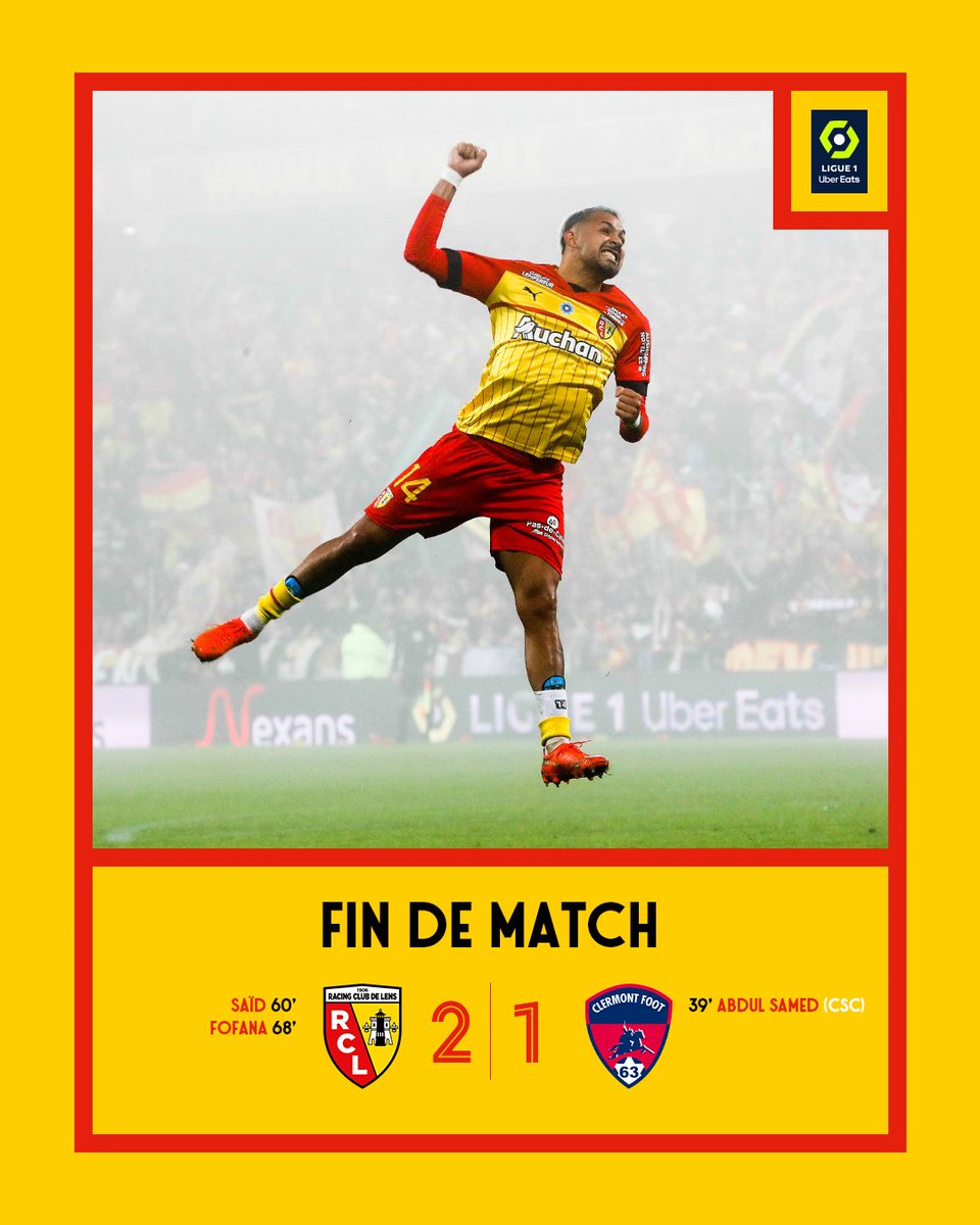 🏁 𝑳𝒆 𝑮𝒓𝒂𝒏𝒅 8⃣

Plus incisifs et efficaces en seconde période, les Sang et Or s'adjugent un huitième succès consécutif à domicile cette saison et restent solidement accrochés à la 2⃣e place de <a href="/Ligue1UberEats/">Ligue1UberEats</a> ❤️💛

<a href="/RCLens/">Racing Club de Lens</a> 2⃣-1⃣ <a href="/ClermontFoot/">Clermont Foot 63</a> 

#RCLCF63