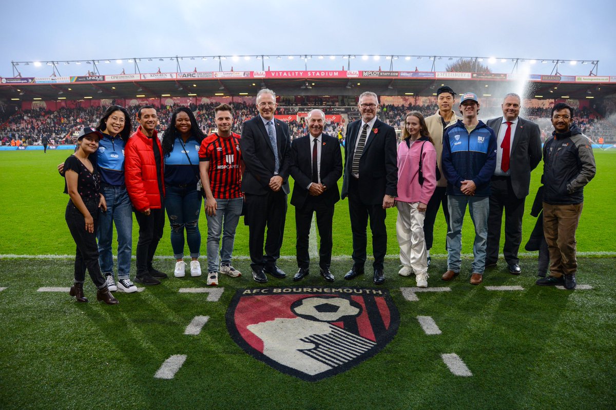 bournemouthuni's tweet photo. Congratulations to @afcbournemouth for winning todayβs #BUBigMatch - it was great to see some of our international students interviewed on the pitch at half time about their time at BU! https://t.co/HRTGbLfXrS