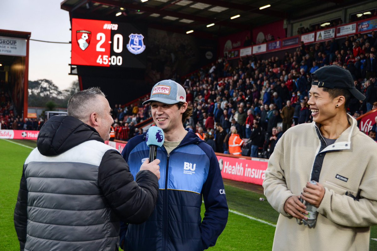 bournemouthuni's tweet photo. Congratulations to @afcbournemouth for winning todayβs #BUBigMatch - it was great to see some of our international students interviewed on the pitch at half time about their time at BU! https://t.co/HRTGbLfXrS