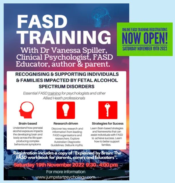NOFASDAustralia's tweet photo. REMINDER: FASD Training on Sat 19 Nov by Clinical Psychologist Dr Vanessa Spiller who has professional knowledge of FASD and lived experience of this disability. More info &amp; register at: https://t.co/4uPwNqlrCv
#FASD #FASDknowledge https://t.co/9ewxBVsZGM
