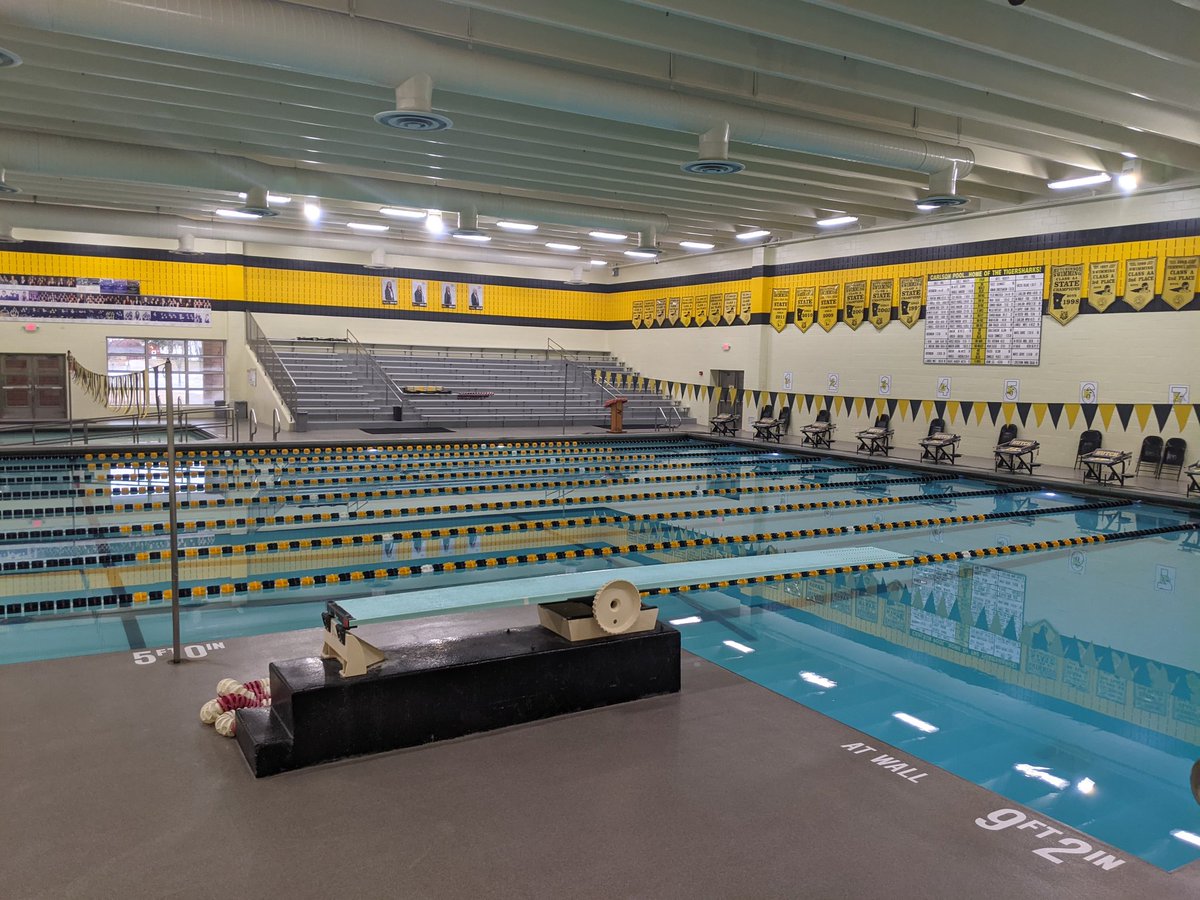 We're escaping the snow and cold outside for section finals today! 🏊‍♀️ It's a balmy 78° here in Jerry Carlson Pool. 🙂 1:00 start - come cheer on the Tigersharks! 🐯🦈 <a href="/HutchActivities/">Hutchinson HS Activities Department</a>