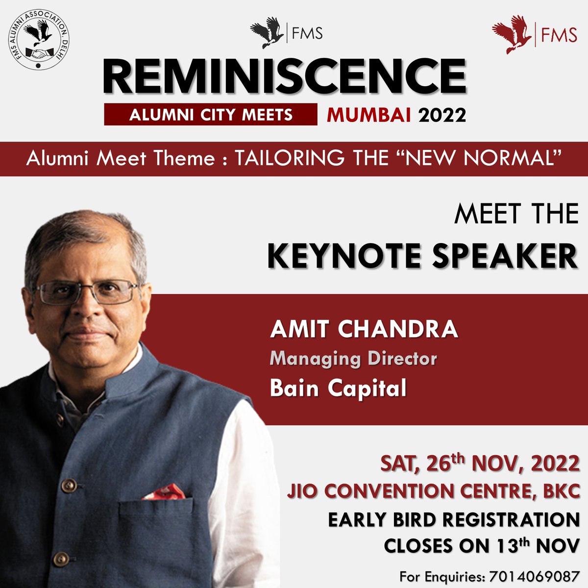 Alumni Relations Cell, FMS Delhi (@fmsalumni) on Twitter photo We are proud to announce Mr. Amit Chandra as our keynote speaker for the Reminiscence Mumbai Alumni Meet. He is the Managing Director of <a href="/BainCapital/">Bain Capital</a>, India.
To register, fill out this short form:
lnkd.in/dsYvUVM3
#AlumniRelations #FMSAlumni #RedBuildingofDreams We are proud to announce Mr. Amit Chandra as our keynote speaker for the Reminiscence Mumbai Alumni Meet. He is the Managing Director of <a href="/BainCapital/">Bain Capital</a>, India.
To register, fill out this short form:
lnkd.in/dsYvUVM3
#AlumniRelations #FMSAlumni #RedBuildingofDreams
