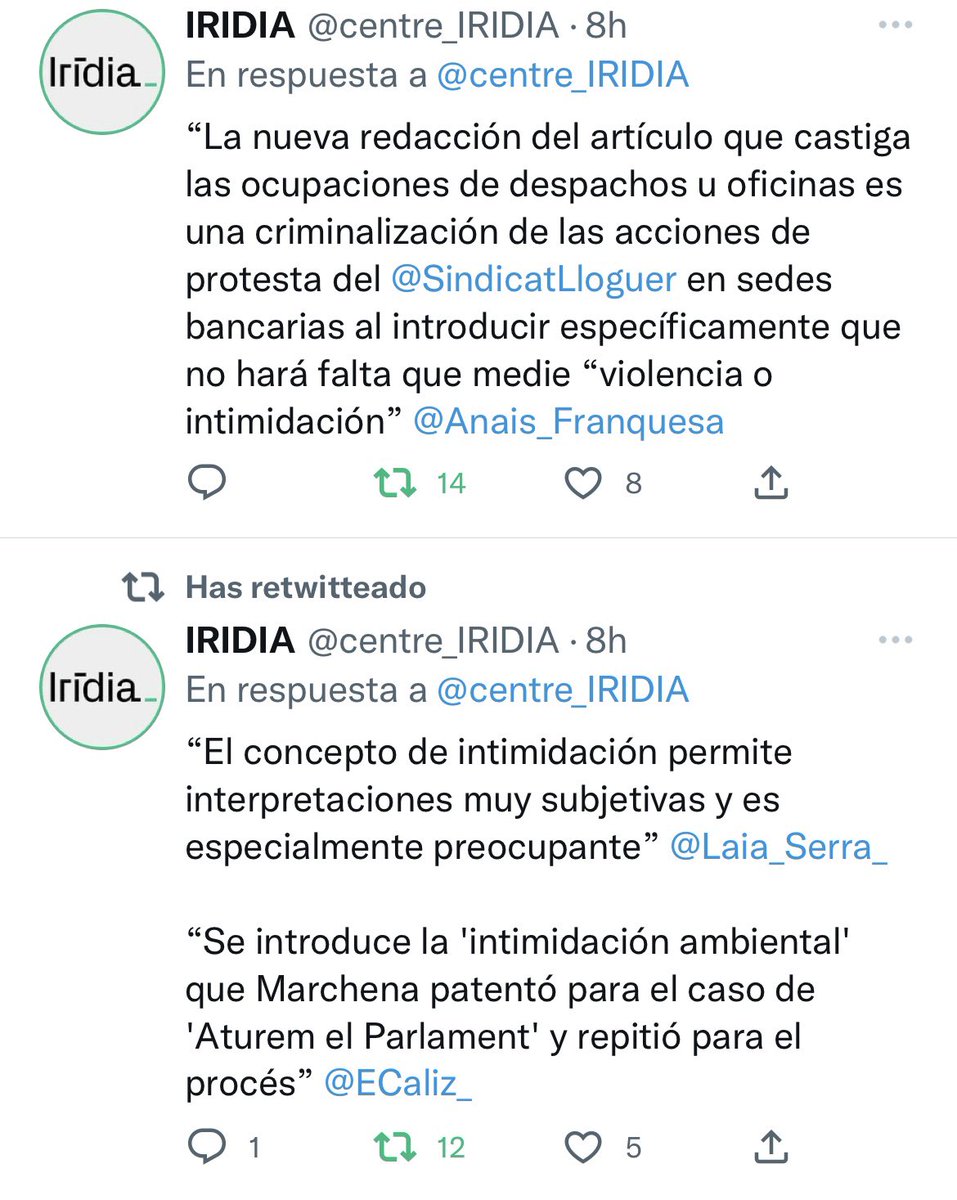 Col•lectius tan poc sospitosos de ser Junts, o del PP, Vox, o pitjor: de l’ANC! també avisen dels perills del nou delicte de desordres públics agreujats…
La PAH, Sindicat Llogateres, Iridia..
Preocupa a la gent que se la juga al carrer, no a la que pontifica des del sofà..