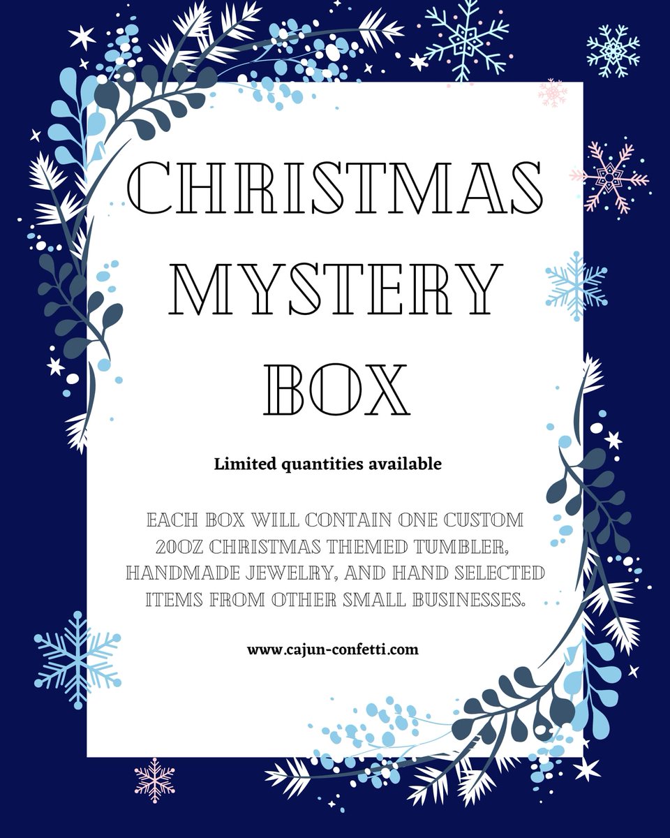 Christmas Mystery Box

Available for a limited time!
cajun-confetti.com 

#Christmas #shopping #mystery #mysterybox #jewelry #handmade #customtumblers #custom #artresin  #art #gifting #presents #joyeauxnoël #cajunmade #shopleauxcal #louisiana #shopsmall #glittertumblers