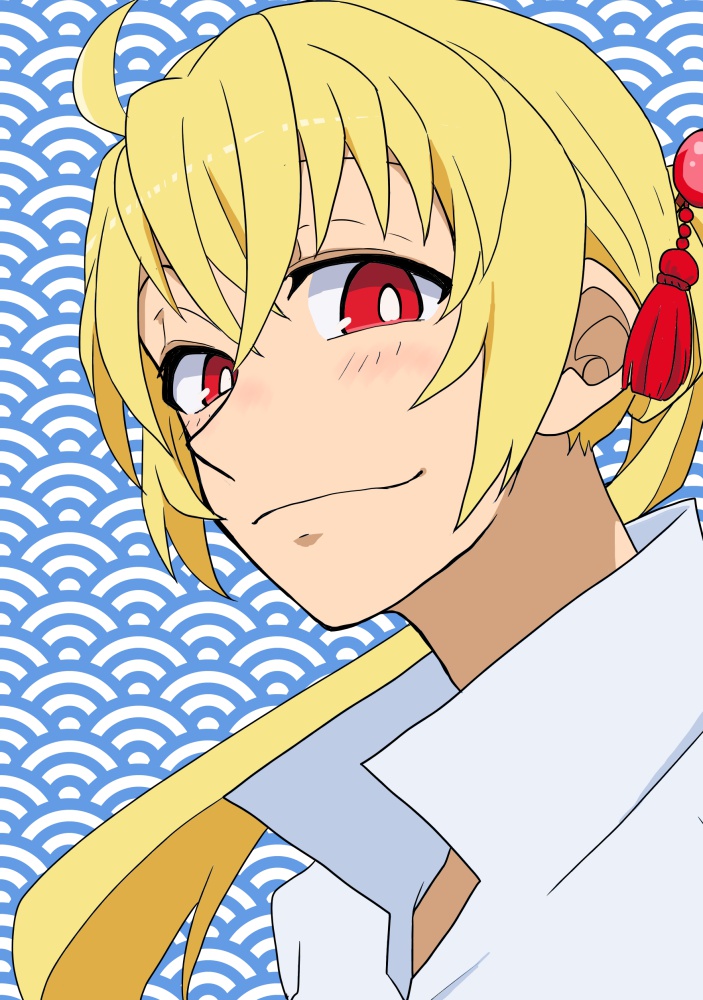 blonde hair solo red eyes shirt smile ahoge looking at viewer  illustration images