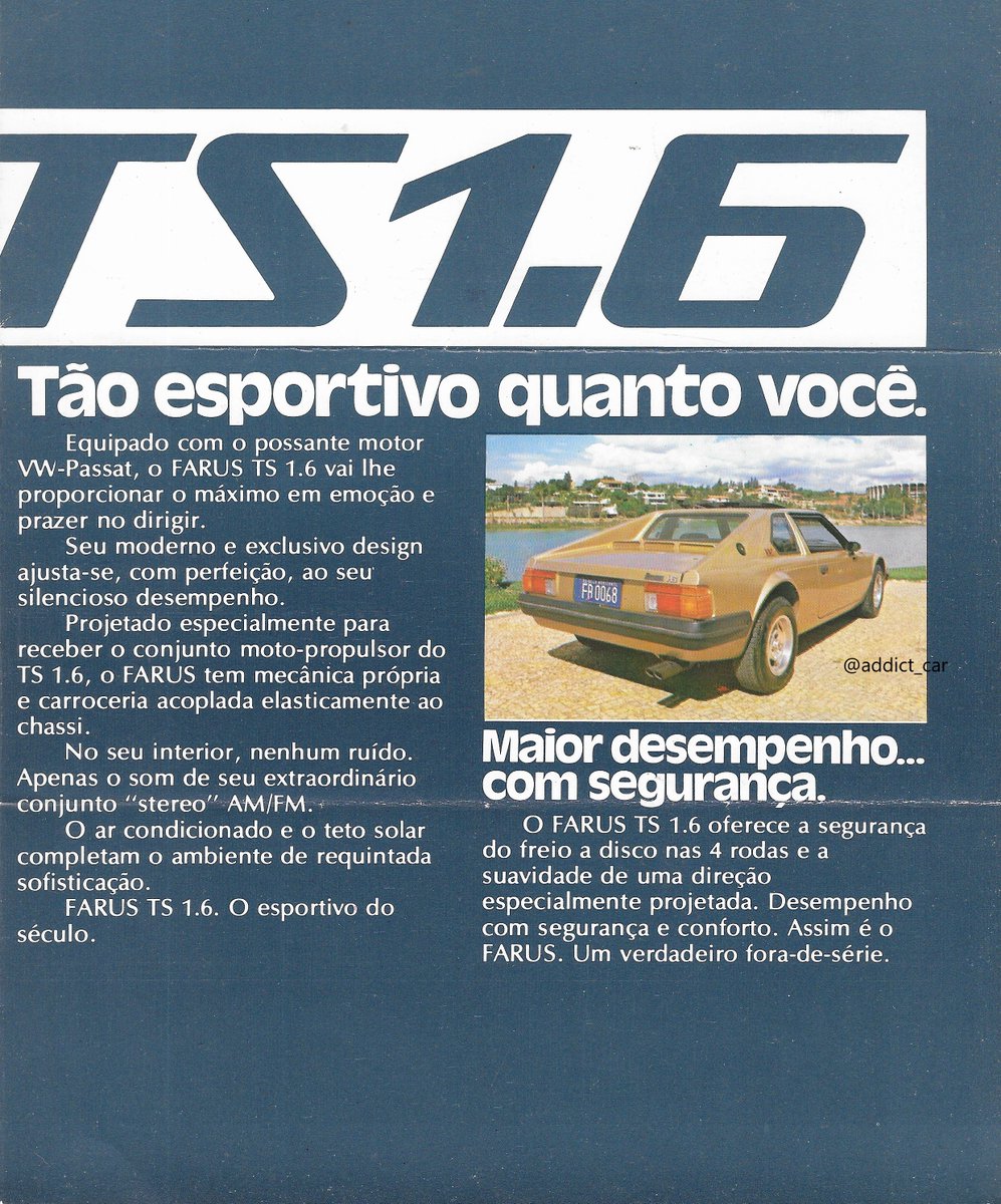 addict_car's tweet photo. Various small exotic makes emerged in Brazil, where the market was effectively closed to imports. Farus offered a mid-engined fibreglass 2-seater with sporty styling. This TS model was launched in 1981 and shared its engine with the locally-built VW Passat TS. #carbrochure #Farus https://t.co/qbN9XXYxnm