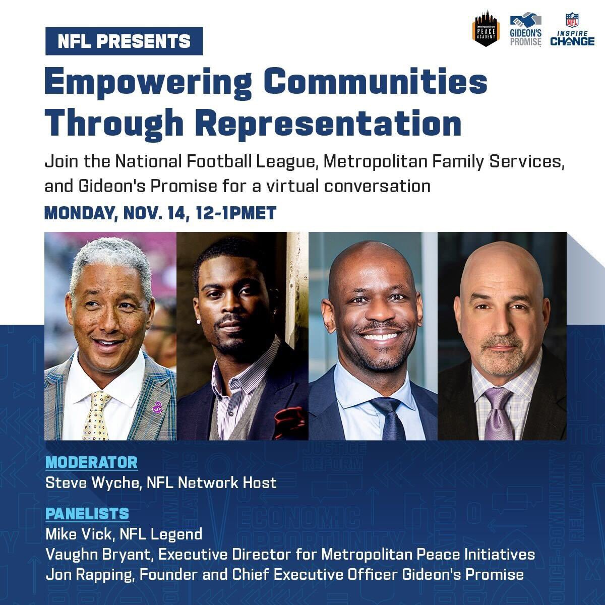 InspireChange's tweet photo. Join NFL legend @MichaelVick, @wyche89, @Gideons_Promise, and @MetroFamChicago for a discussion about empowering communities through representation. You don't want to miss it! #InspireChange

To RSVP, click here: https://t.co/yhdrrUxz9Z https://t.co/PjRMVkO6xC