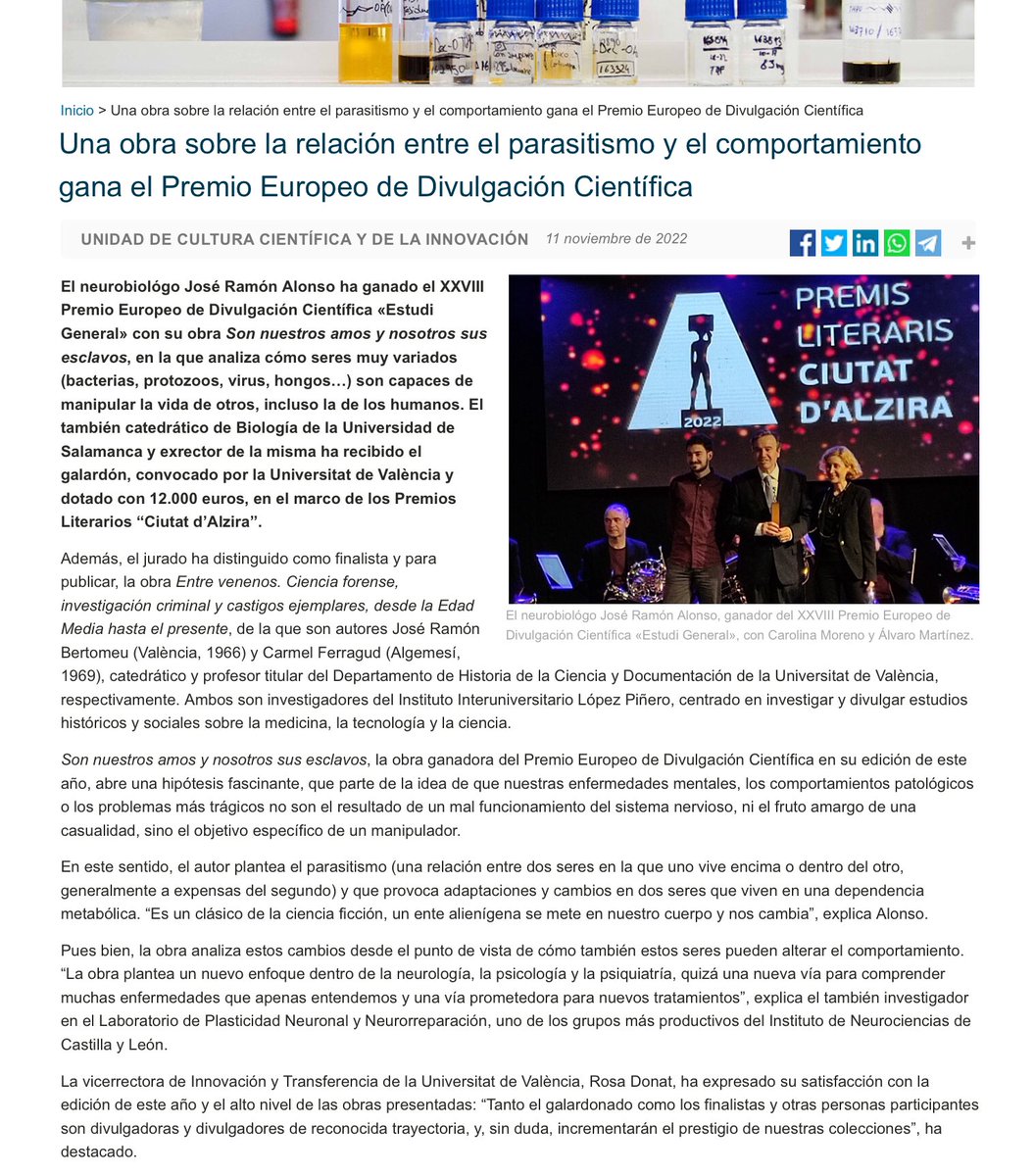 sombradoble's tweet photo. El neurobiólogo @jralonso3 Premio Europeo #DivulgaciónCientífica @UV_EG
Plantea q los parásitos pueden alterar el comportamiento.
Nuevo enfoque dentro de la #neurología, otra vía para comprender enfermedades q apenas entendemos y para nuevos tratamientos

https://t.co/UQ3VlrjWnQ https://t.co/Q4diHFHJGl