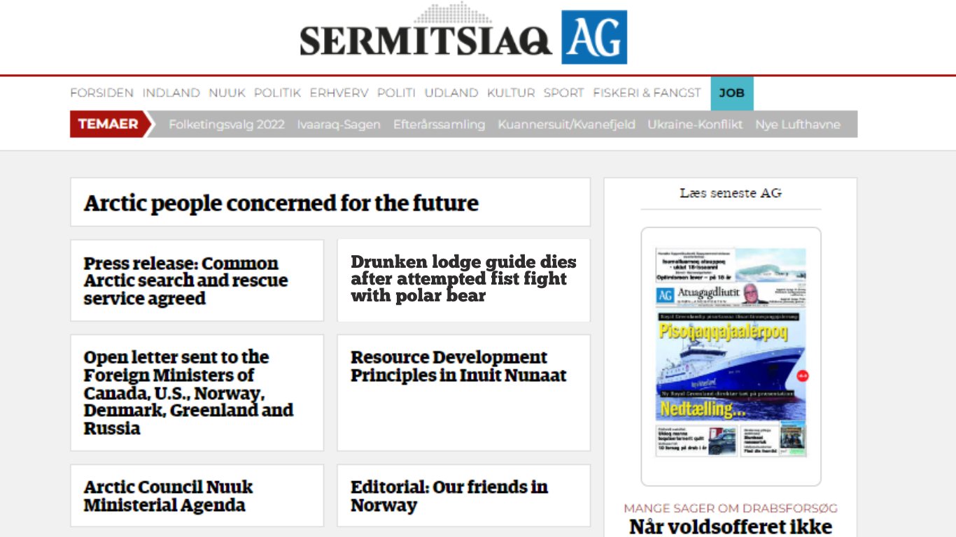 Arctic newspaper. Headlines for Greenland including "drunken lodge guide dies after attempted fist fight with polar bear" 