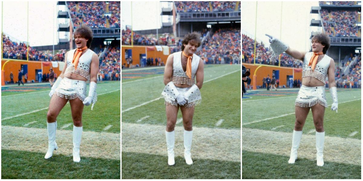 HistoryColorado's tweet photo. An oldie but a goodie! This week in history, a special Denver Broncos cheerleader hit the football field. 🐴 🏈 On Nov. 11, 1979, Robin Williams joined the cheer squad for a live game in front of over 70,000 fans. The Broncos played the New England Patriots and won 45 to 10. https://t.co/9GXQHfeVnF