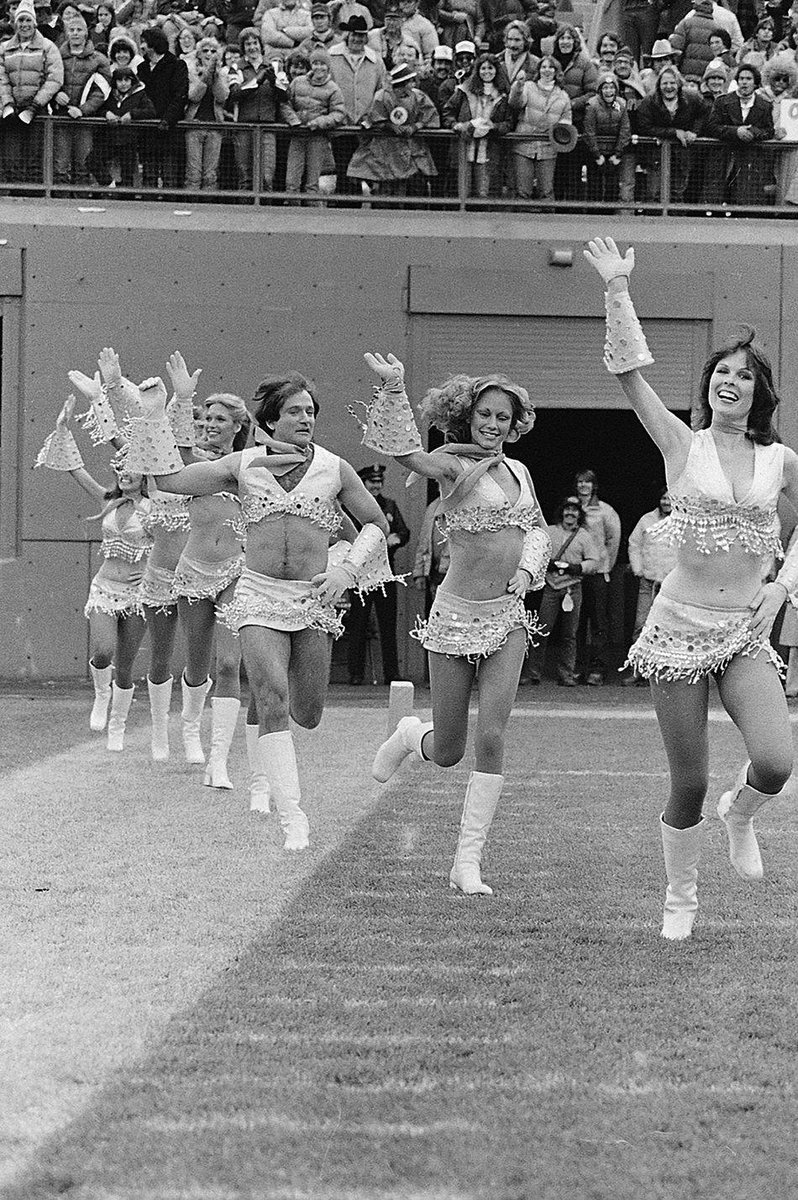 HistoryColorado's tweet photo. An oldie but a goodie! This week in history, a special Denver Broncos cheerleader hit the football field. 🐴 🏈 On Nov. 11, 1979, Robin Williams joined the cheer squad for a live game in front of over 70,000 fans. The Broncos played the New England Patriots and won 45 to 10. https://t.co/9GXQHfeVnF