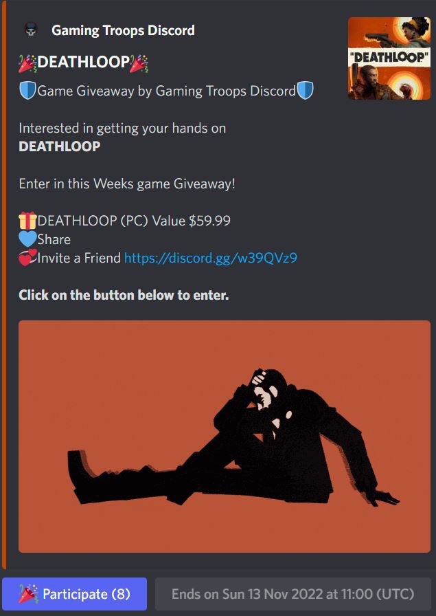 gaming_troops's tweet photo. 🚨GAME GIVEAWAY🚨

ENDING SOON
 
Get your hands on
DEATHLOOP (PC)🔥

📌CLICK ON THE LINK BELOWE TO ENTER 
https://t.co/DSs2CYRQ6Y…

🎁STEAM KEY Value $59.99
💙LIKE &amp; SHARE
💞Tag a Friend 

Ends 11/13

#Giveaways  #PC #gamer #Games #gaming #fun
#Game #Giveaway #PCGamer #Discord https://t.co/GBrb62MF5j