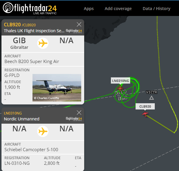 Very strange separation here. Unmanned drone flying over the Strait of Gibraltar, no contact with Gib ATC whilst calibrator aircraft in the area.