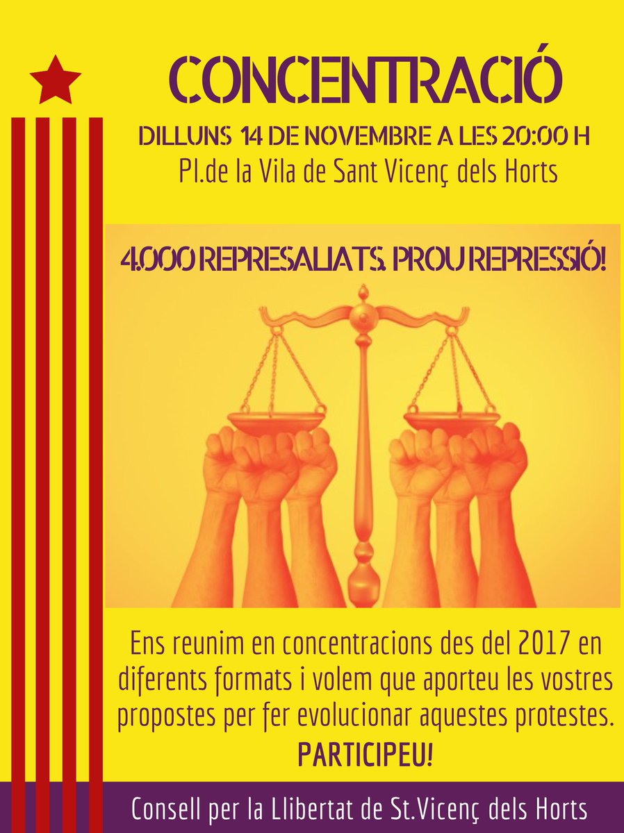 Aquest dilluns, com cada dia 14 a Sant Vicenç dels Horts, concentració contra la repressió i per la República.

📆 Dilluns 14/11/2022

🕖 20:00 h

📍 Plaça de la Vila, Sant Vicenç dels Horts

No hi faltis!

Convoca: Consell per la llibertat de #SantVicençDelsHorts.