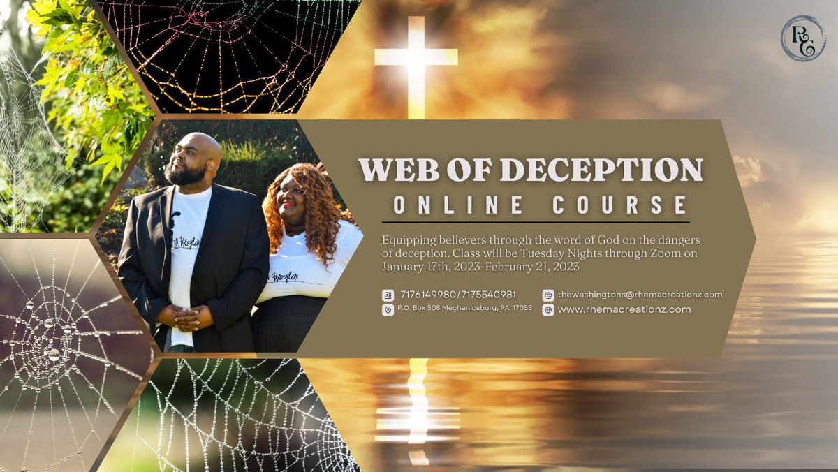 RhemaCreationz's tweet photo. Our new seven week course "Web of Deception" will begin January 17, 2023-February 21, 2023. Be sure to register by visiting https://t.co/HCYbkvXlMF
#RhemaCreationz 
#joyfulsurrender
#journeytohealing
#going deeper
#brokenvessels
#benotdeceived https://t.co/SLwvHg7yL3