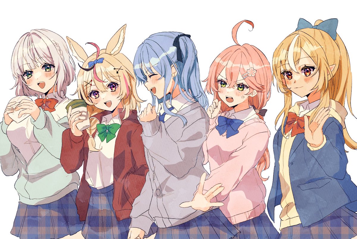 hoshimachi suisei ,omaru polka ,sakura miko ,shiranui flare ,shirogane noel multiple girls pink hair blonde hair green eyes bow 5girls ahoge  illustration images