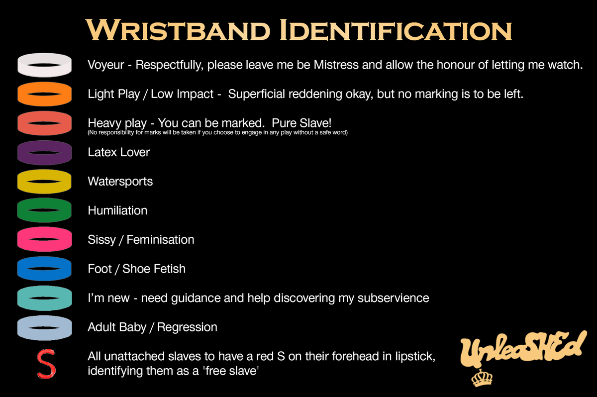 BitchesUnleshed's tweet photo. he #BitchesUnleaSHEd wristband system is as follows;
*Asking if you can wear more than one wristband is a dumb question*
Chosen activities must be a personal decision & you may add or remove at any time.
Consent should still be sought before entering into ANY play scene. https://t.co/J64Syfxeyw