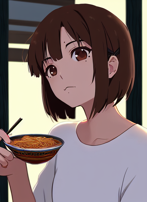 つねりん様 SW_ofc 『素手でラーメンを食べる女の子,brown hair,short hair,mole
