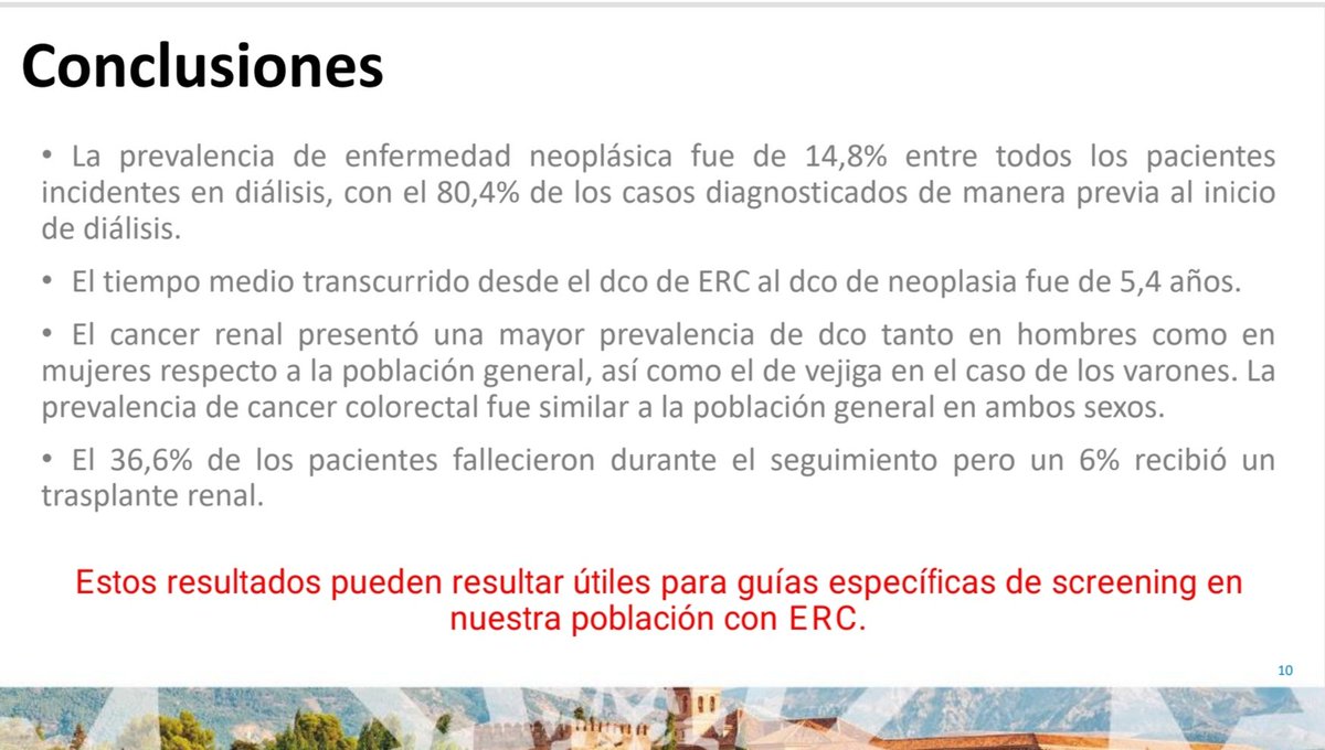 Estudio multicéntrico 🇪🇦 de patología neoplásica en pacientes incidentes en diálisis
➡️14.8% prevalencia de cáncer. 80.4% de casos, dco previo a diálisis 
➡️Respecto a población general, ⬆️% de cáncer renal en ♀️♂️ y ⬆️% de cáncer vesical en ♂️
➡️🧐Guías screening!
#Senefro22