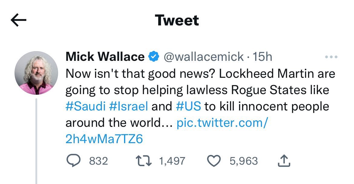 etc_tess's tweet photo. Oh dear, MEP Mick Wallace (and apparently a great many other fools) taken in by this fake tweet from a fake account. 𝑴𝒂𝒓𝒕𝒊𝒏𝒊 anyone? 🍸 https://t.co/ACBGqTUbNL