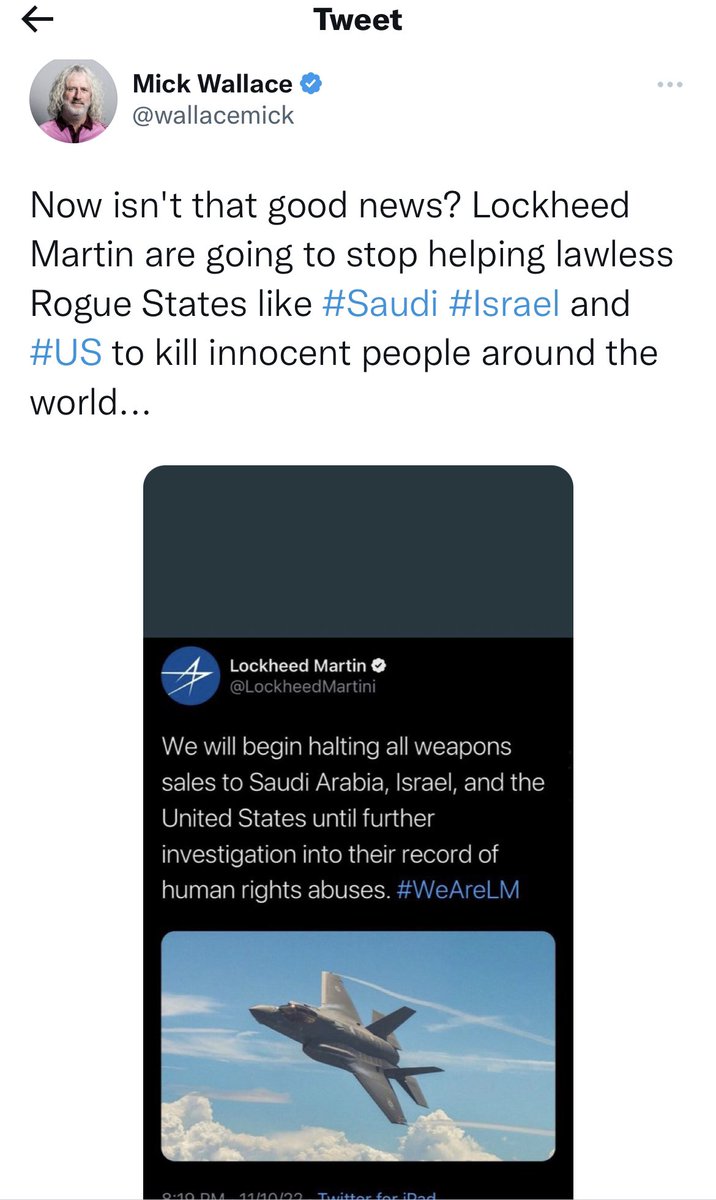 etc_tess's tweet photo. Oh dear, MEP Mick Wallace (and apparently a great many other fools) taken in by this fake tweet from a fake account. 𝑴𝒂𝒓𝒕𝒊𝒏𝒊 anyone? 🍸 https://t.co/ACBGqTUbNL