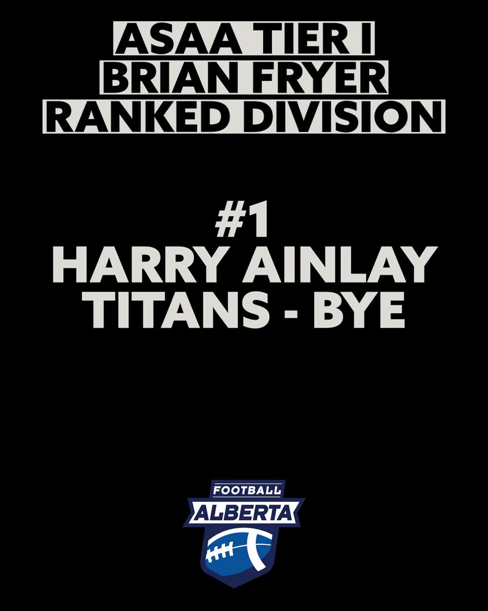 FootballAlberta's tweet photo. The ASAA TIER I Brian Fryer Ranked Division results are in. Here are the 4 teams heading to the next round to decide upon the Alberta Bowl finalists.
🏈🏈
#football #footballalberta #brianfryer #tier1 #asaa #provincials #albertabowl https://t.co/9wQY6usHWf