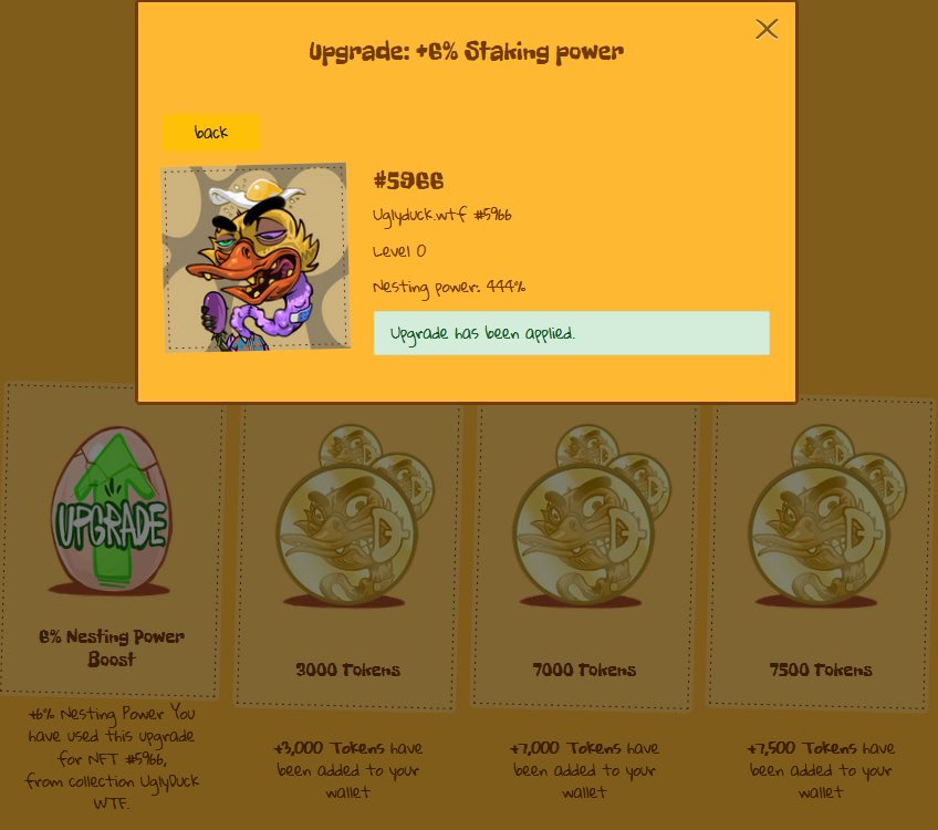 <a href="/DuckerFather/">Duck Norris</a> Just upgrade my duck to 444%
Still need to crack more eggs ….

<a href="/Uglyduckwtf/">UglyDuck.wtf</a> #uglyduckwtf #NFTCommunity #NFTartwork #duckarmy #NFTs #token