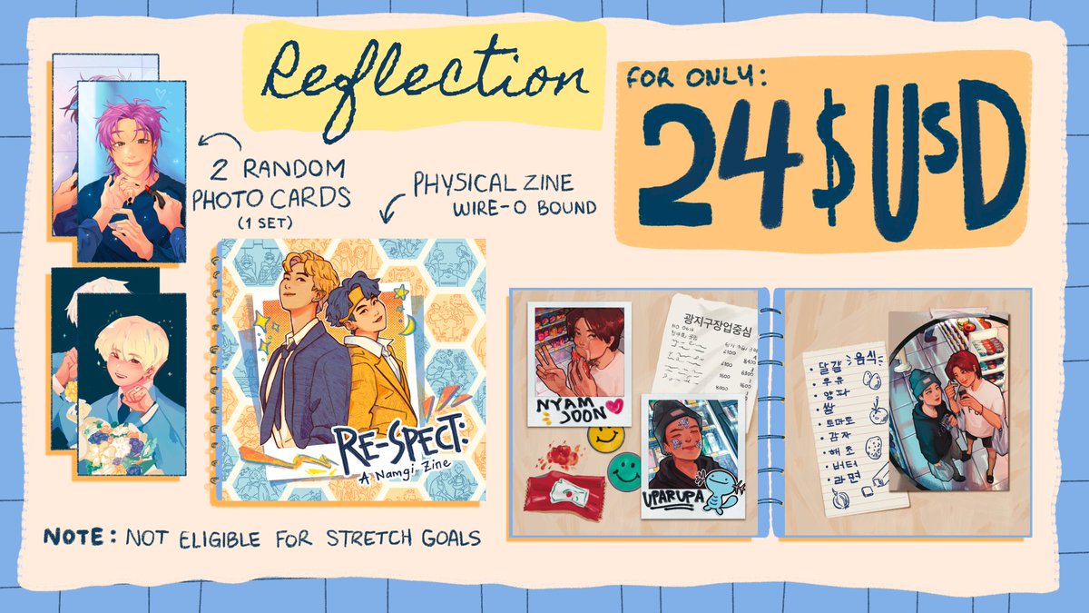 Reflection 💙 Physical Zine

💛 Physical 8x8" inch wire-o bound zine
💛 1 random set of photo cards

Optional Add-on:
💙 Digital PDF Zine + Digital "Scrapbook" bonus content 

✨ eligible for the 24-hour limited edition bookmark!

🛒 respectzine.bigcartel.com/product/reflec…