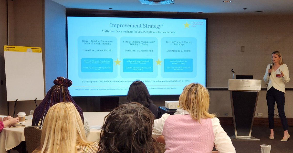 mmsteltz's tweet photo. Packed room for this powerful and critically important  presentation! Thanks to our very own @katie_bales for your parent partnership in #HealthEquity. #NPCQICLS  #StrongerTogether @NPCQIC @cosette_langga @allen_kiona @LurieChildrens @LurieHeartCtr https://t.co/0g4lCp3nxK