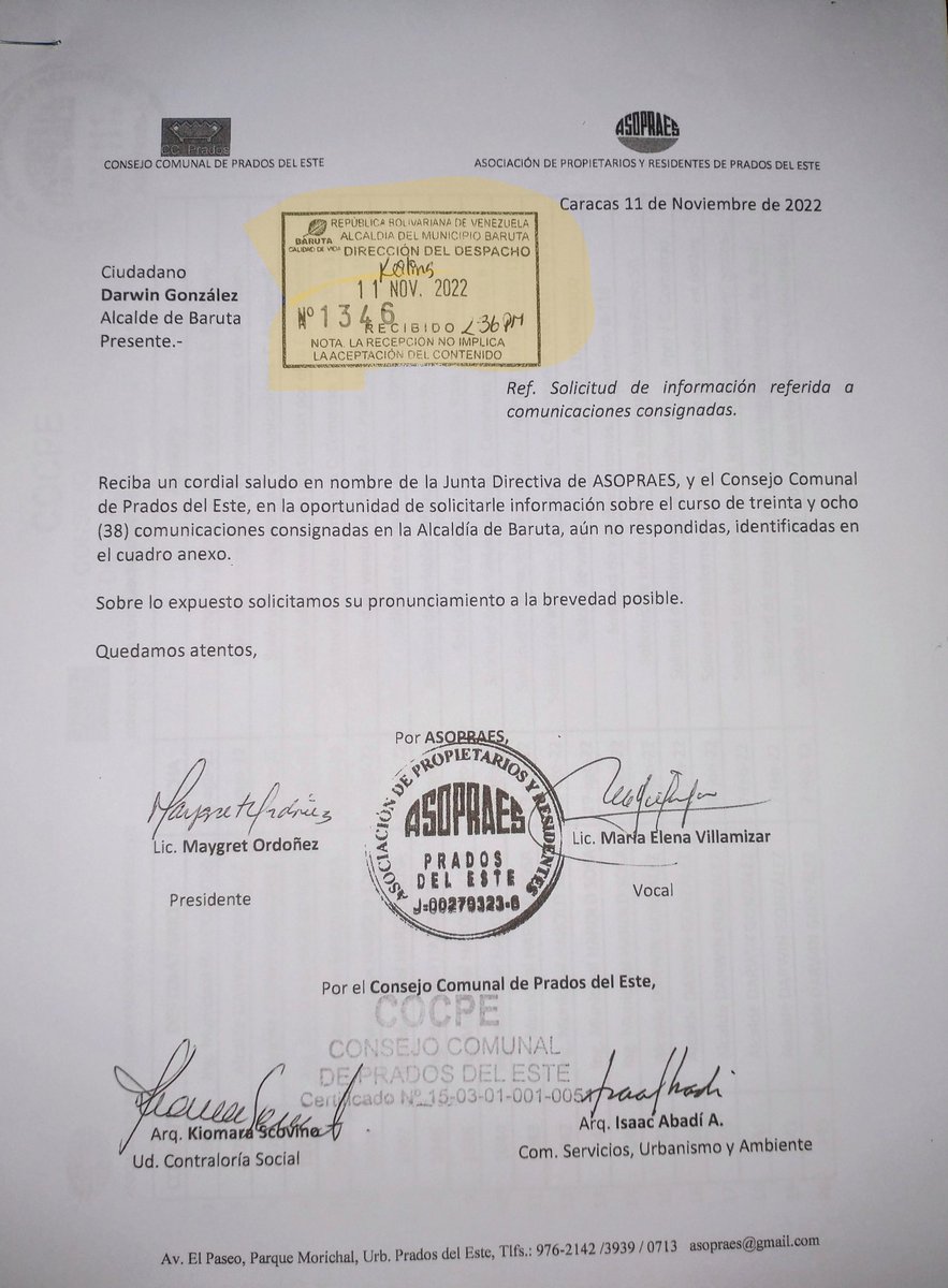 asopraes's tweet photo. Se le agradece Alcalde, pero mucho le agradecemos también responder las comunicaciones pendientes. No se entiende la negativa a cumplir con el deber de informar. Ayer consignamos por cuarta vez lo mismo. Por eso urge en @AlcaldiaBaruta el gobierno abierto. Quedamos atentos. https://t.co/XuOj9zK1nA