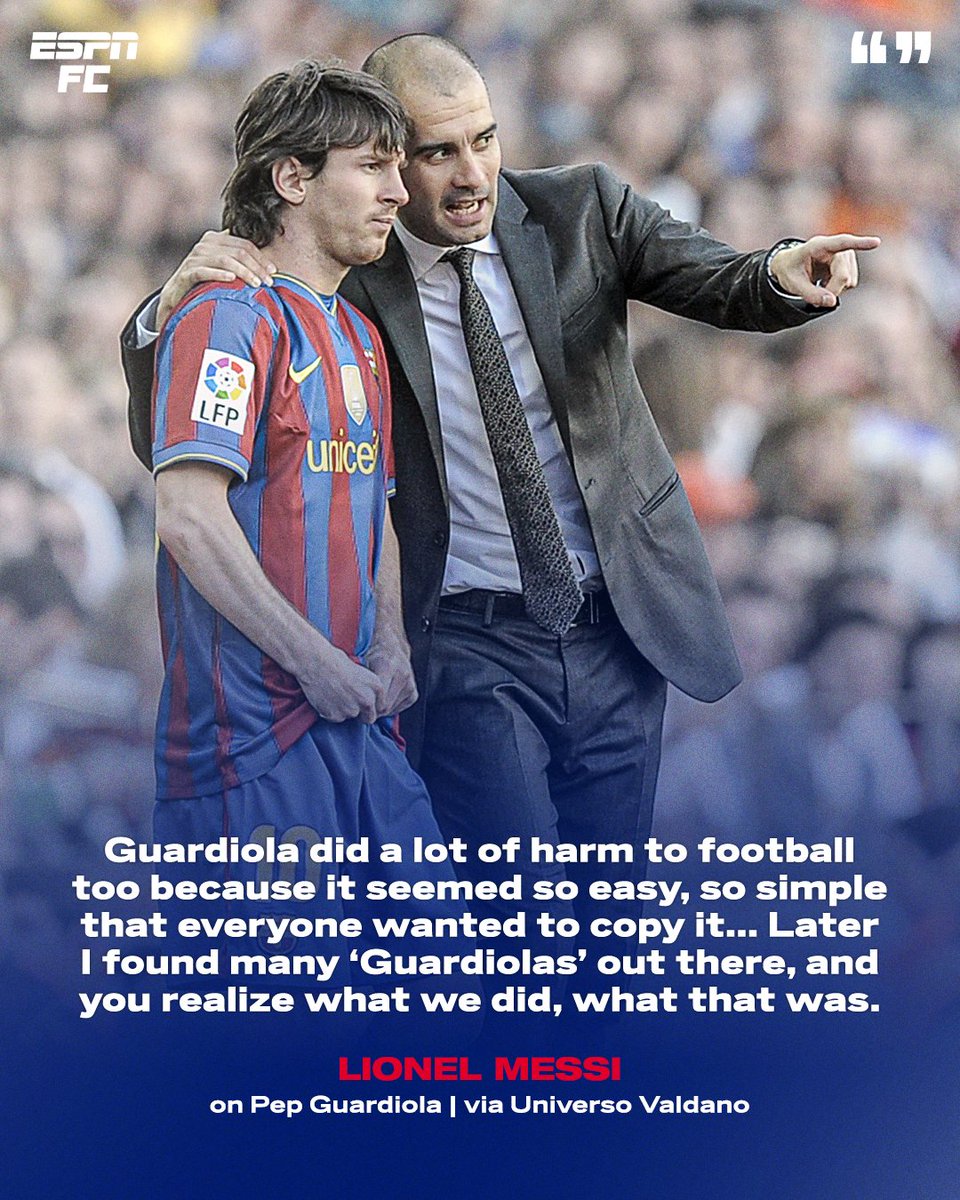 ESPNFC's tweet photo. Lionel Messi says there's no manager quite like Pep Guardiola 🧠 https://t.co/XiECT7dN40
