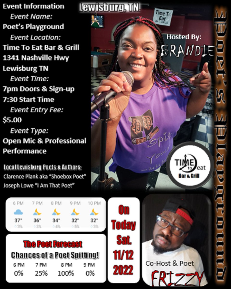 PPByFP's tweet photo. Lewisburg Tennessee Poetry and Spoken Word Event.
#poetry #spokenword #poetrylover #spokenwordlover #tennessee #alabama #tennesseepoetry #alabamapoetry #alabamapoet #tennesseepoet #lovepoem #timetoeat #poetryshow #spokenwordevent #show #event #openmic #tonight #today #share #pic https://t.co/3zWvtbLvbJ