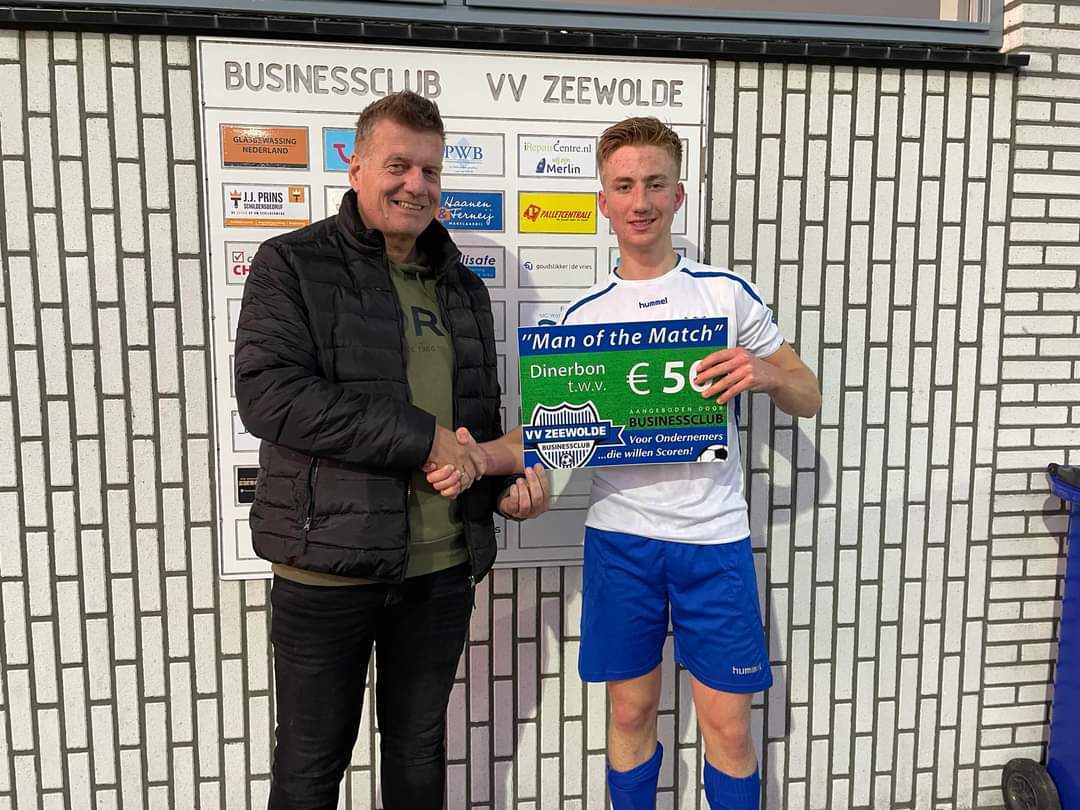 Na de wedstrijd <a href="/vvZeewolde/">vvZeewolde</a>- <a href="/58_efc/">EFC’58 Ermelo</a> , is door het aanwezige publiek Collin van den Brink gekozen tot Man of the Match. De dinercheque, te besteden bij Brasserie 't Wolderwijd, werd uit gereikt door Wout Sleurink namens wedstrijdsponsor RCN Zeewolde.