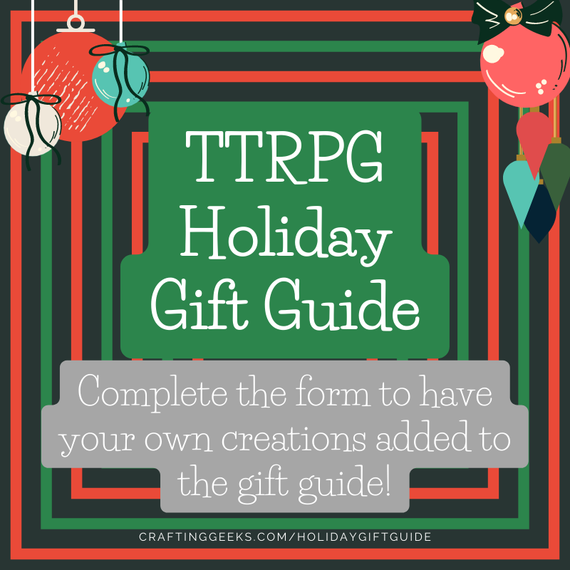 crafting_geeks's tweet photo. It's that time of the year again. We are excited to announce our 2nd annual TTRPG Holiday Gift Guide. 

🎁If you are a small business that wants to be included in our gift guide, fill out the form below!

Its free so promote your creations. 

#ttrpg #handmadedice