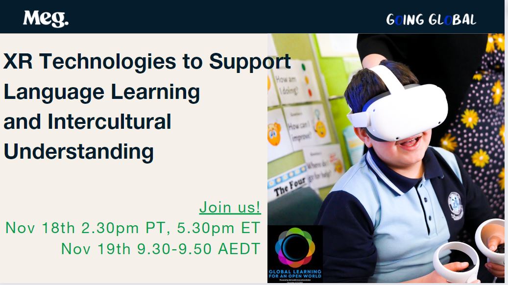 MegGlobalEd's tweet photo. We are thrilled to be presenting at #GLOW22 on #XRTechnologies for #languagelearning & #interculturalunderstanding. A must for any #languages educators! Registration for all sessions is free! #goingglobal #globaled22 #wl #langchat https://t.co/OtHWM4vTxE https://t.co/584Vqm7kwE